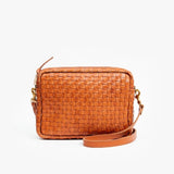 Clare V. brown leather woven purse, front view