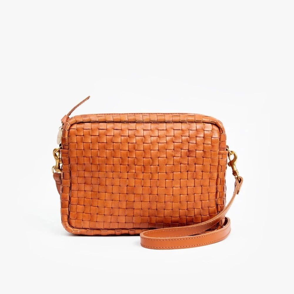 Clare V. brown leather woven purse, front view