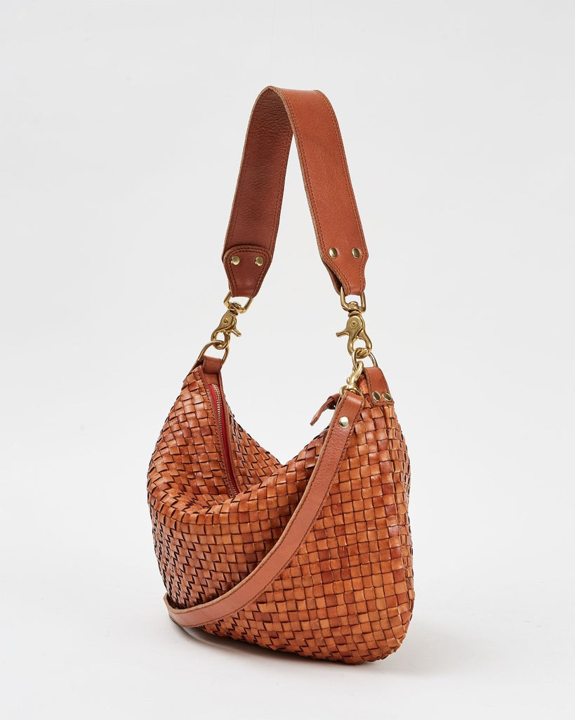 Clare V. brown woven leather messenger bag, angled front view