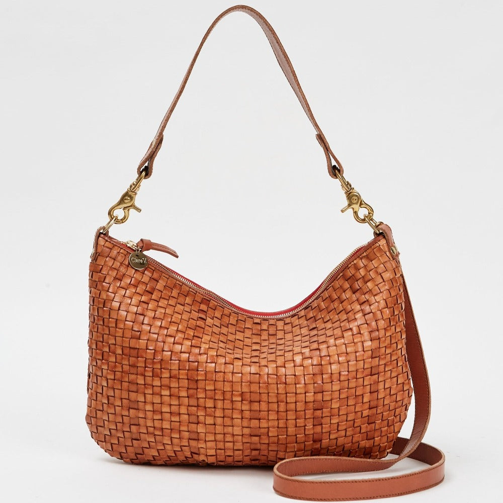 Clare V. brown woven leather messenger bag, front view
