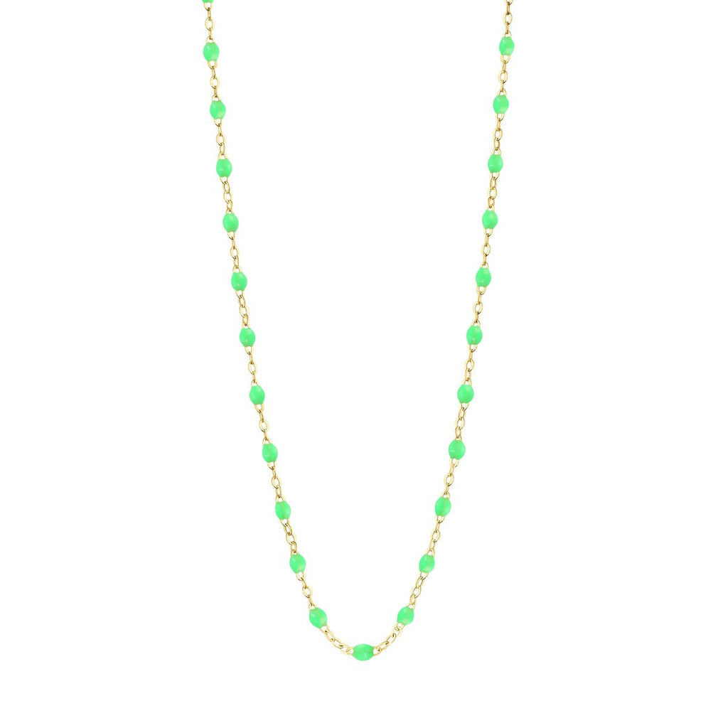Gigi Clozeau bright green and gold beaded necklace, front view