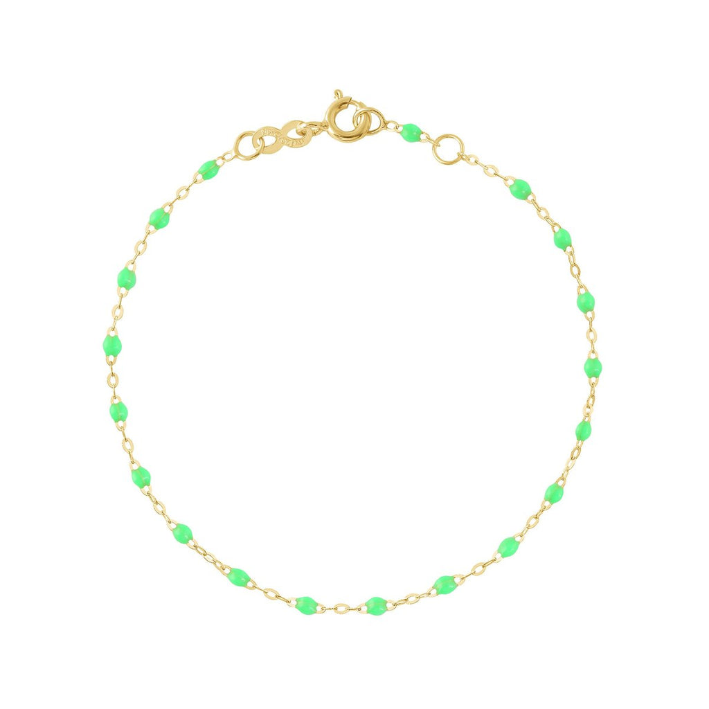 Gigi Clozeau bright green and gold beaded bracelet, top view