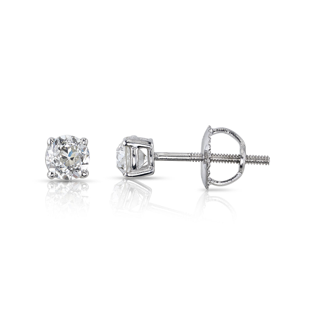 Single Stone white gold stud earrings with diamond, front and side view
