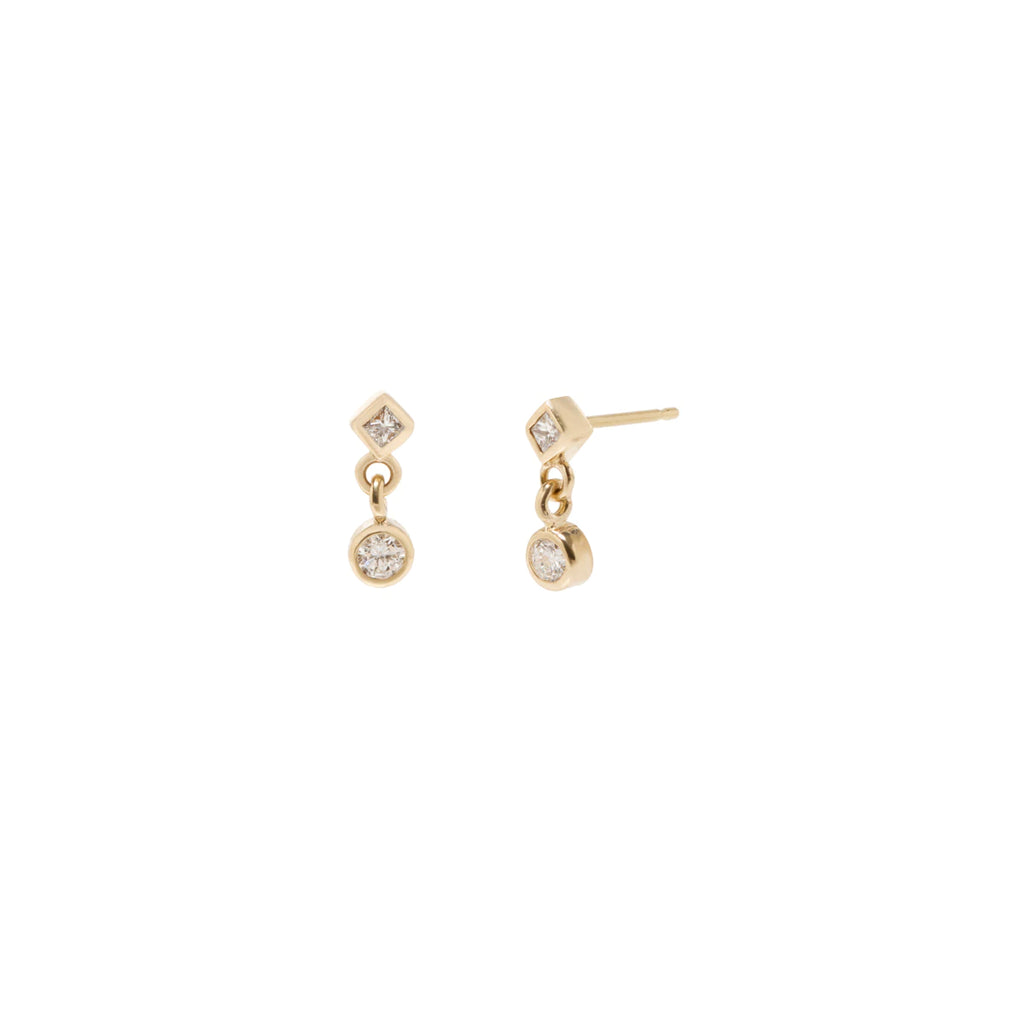 Zoe Chicco gold stud earrings with diamond drops. front and side view