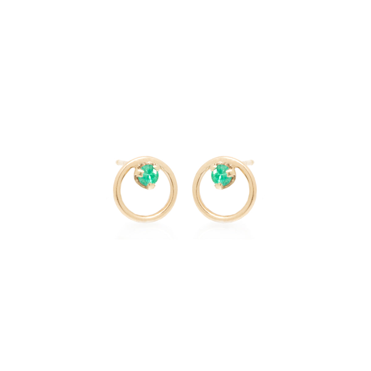 Zoe Chicco gold circle stud earrings with emerald, front view