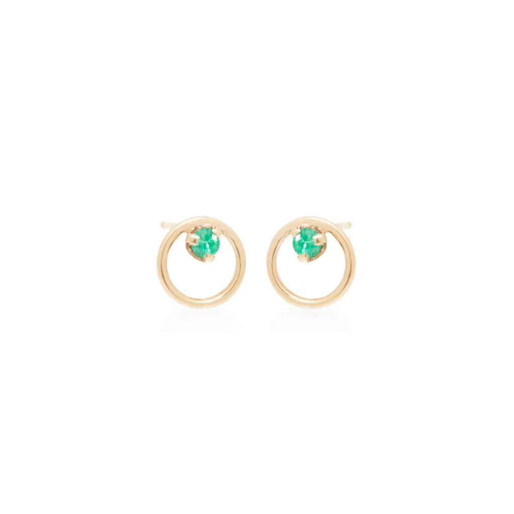 Zoe Chicco gold circle stud earrings with emerald, front view