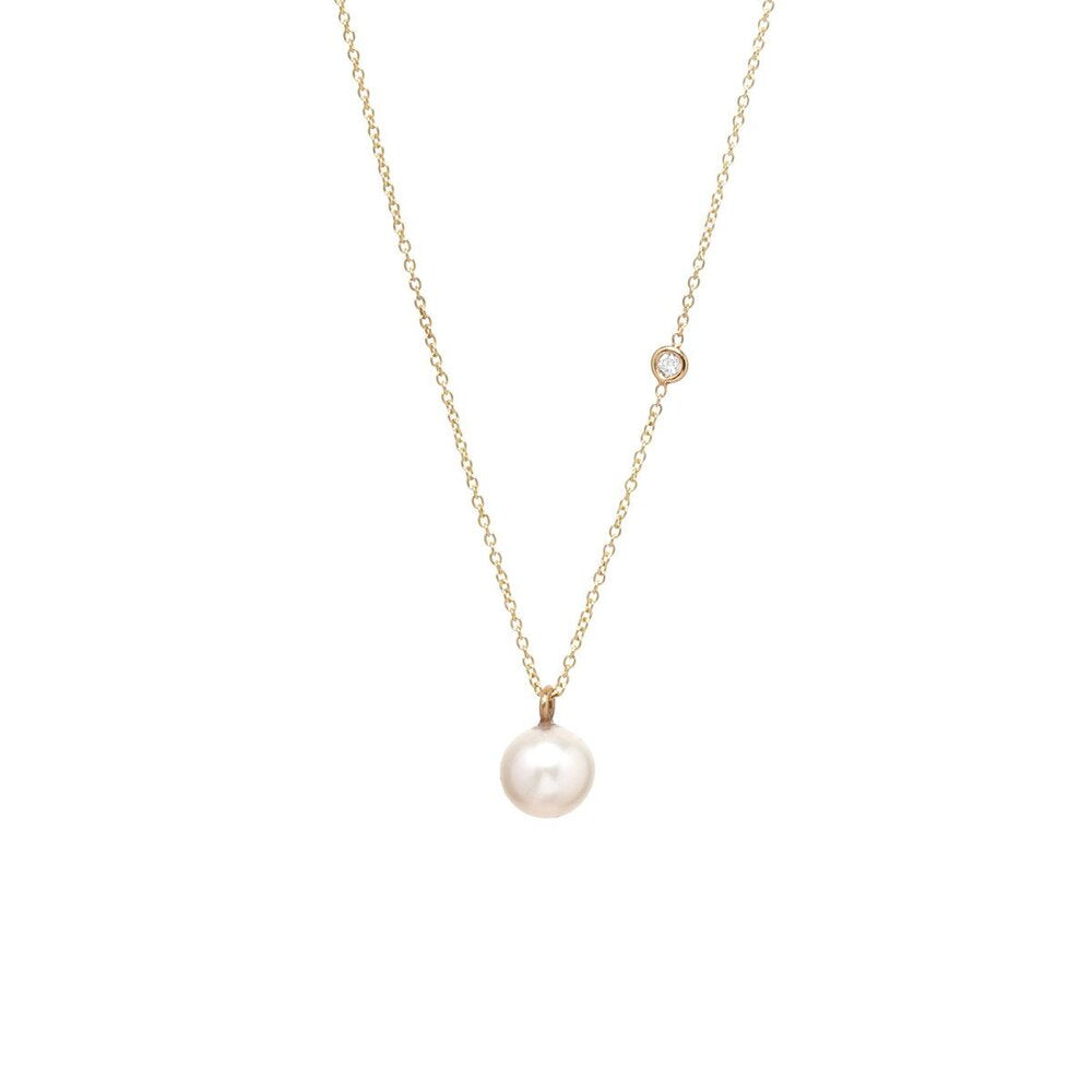 Zoe Chicco gold necklace with pearl pendant and diamond, front view