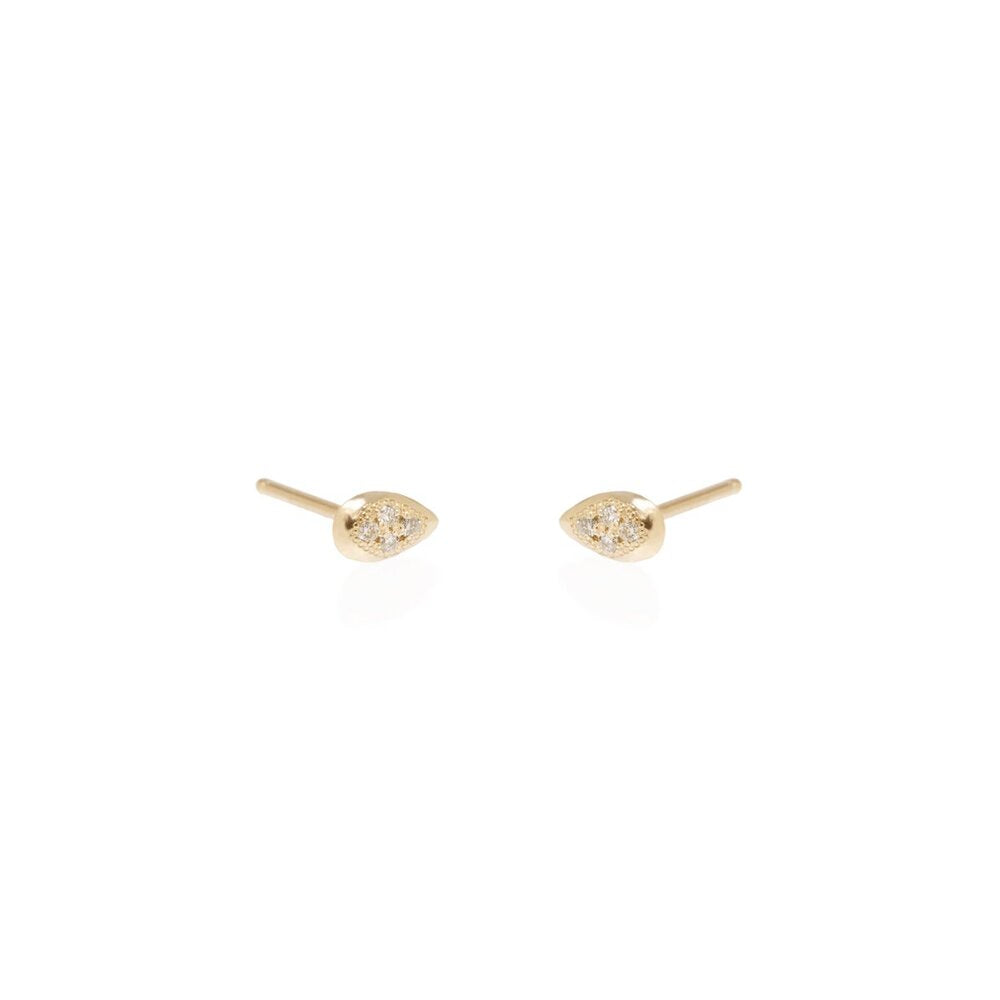 Zoe Chicco gold teardrop diamond stud earrings, angled front view