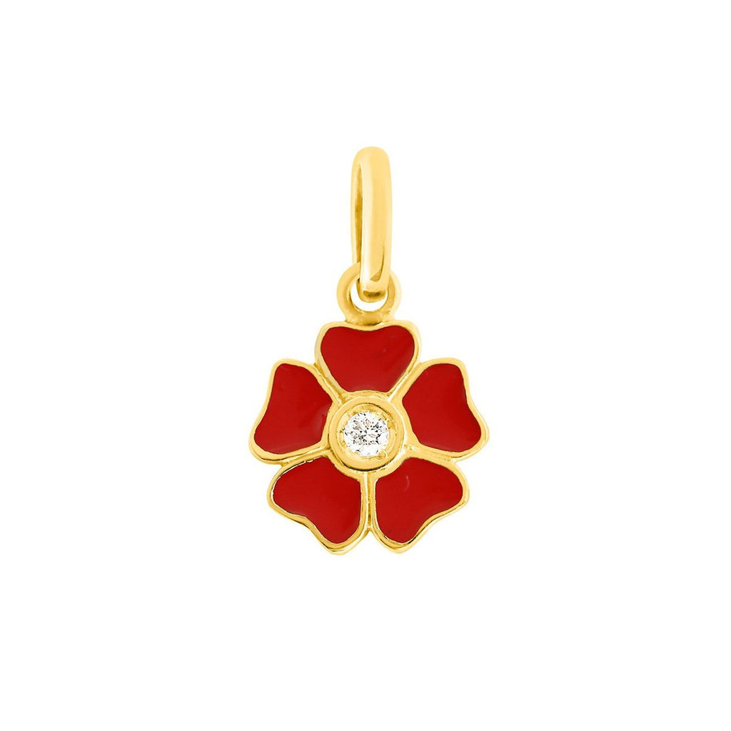 Gigi Clozeau red and gold flower shaped charm, front view