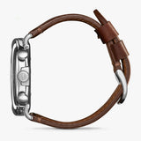 Shinola blue watch stainless steel with brown leather strap, side view