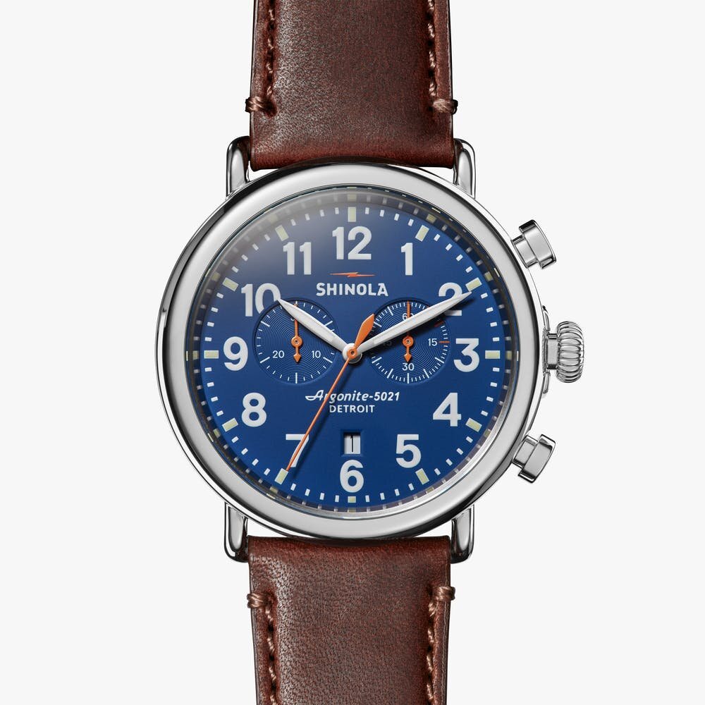 Shinola blue watch stainless steel with brown leather strap, front view