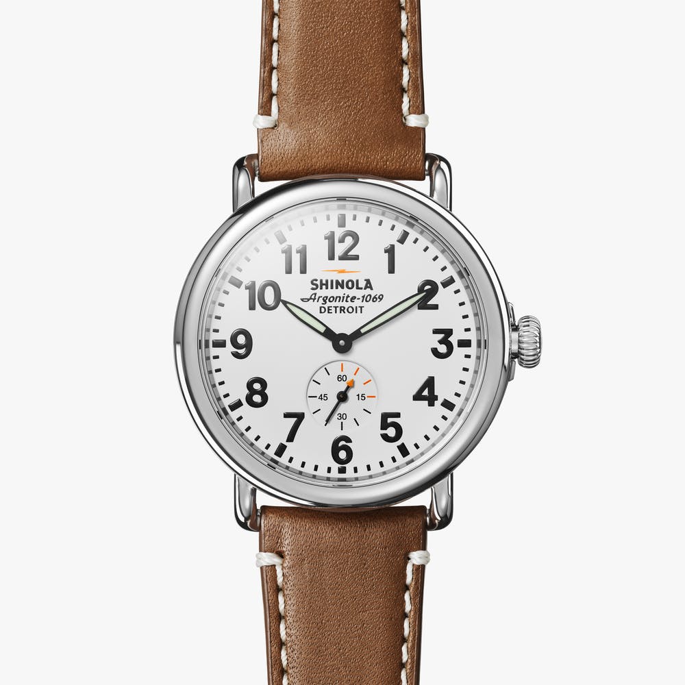 Shinola white face stainless steel watch brown leather strap, front view