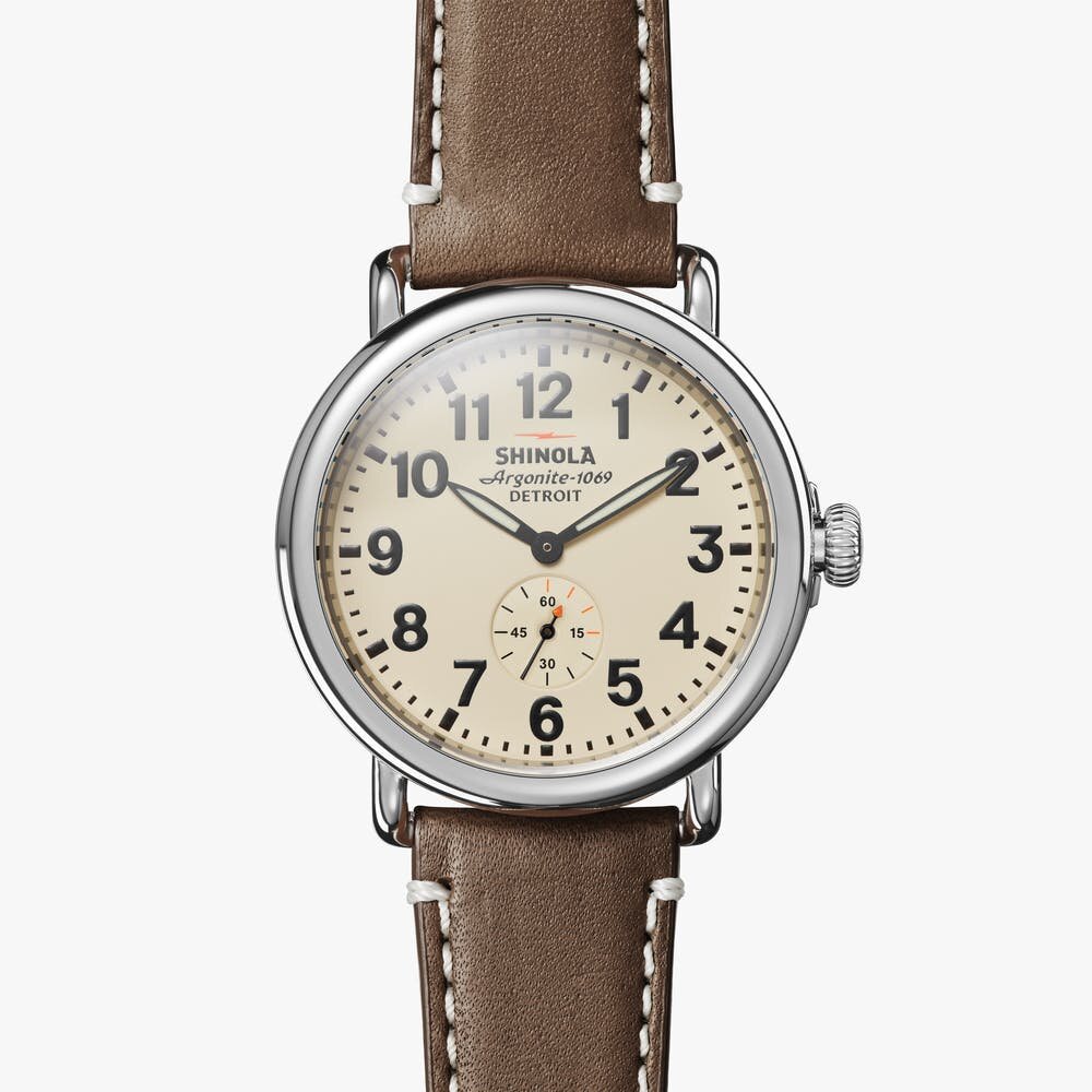 Shinola cream stainless steel watch with brown leather strap, front view