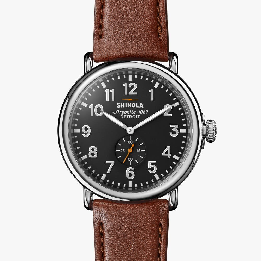 Shinola black watch face stainless steel brown leather strap, front view
