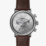 Shinola silver watch stainless steel with brown leather strap, front view