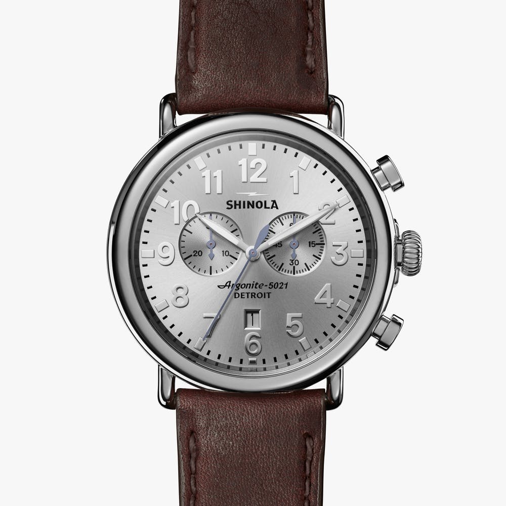 Shinola silver watch stainless steel with brown leather strap, front view