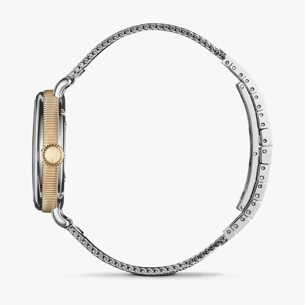 Shinola silver stainless steel watch, side view