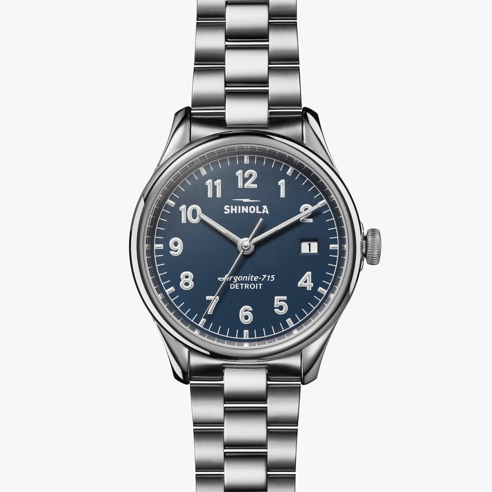 Shinola blue watch stainless steel case and strap, front view