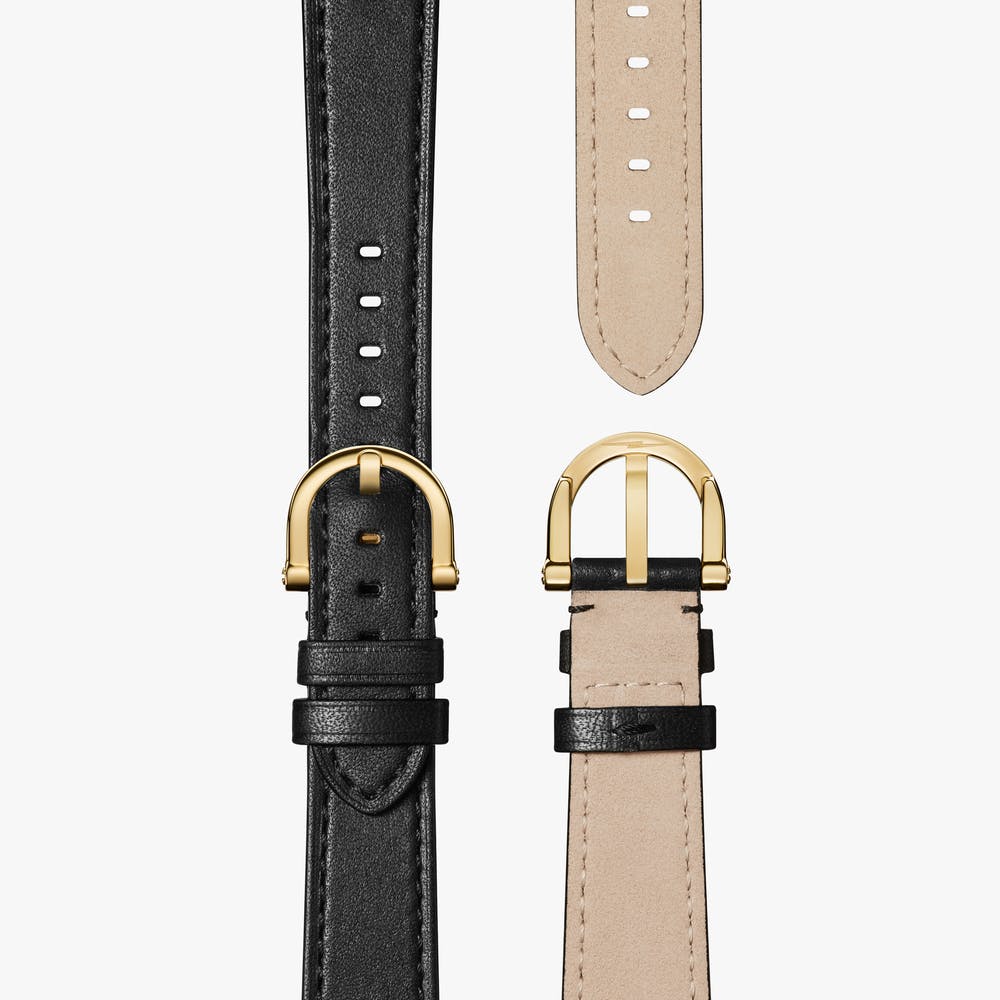 Shinola black leather strap showing closure action, front and back view