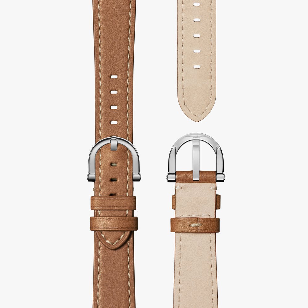Shinola brown leather strap showing closure action, front and back view