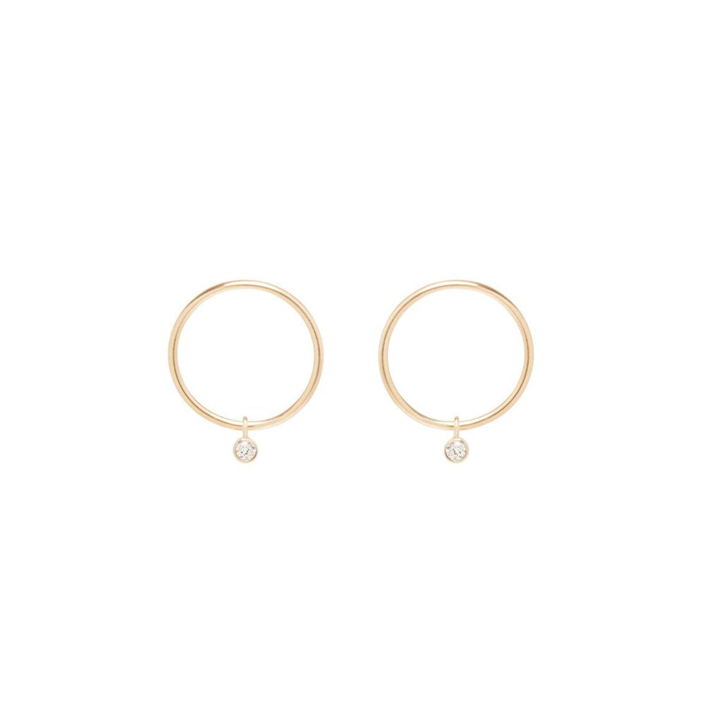 Zoe Chicco gold circle earrings with dangling diamonds, front view
