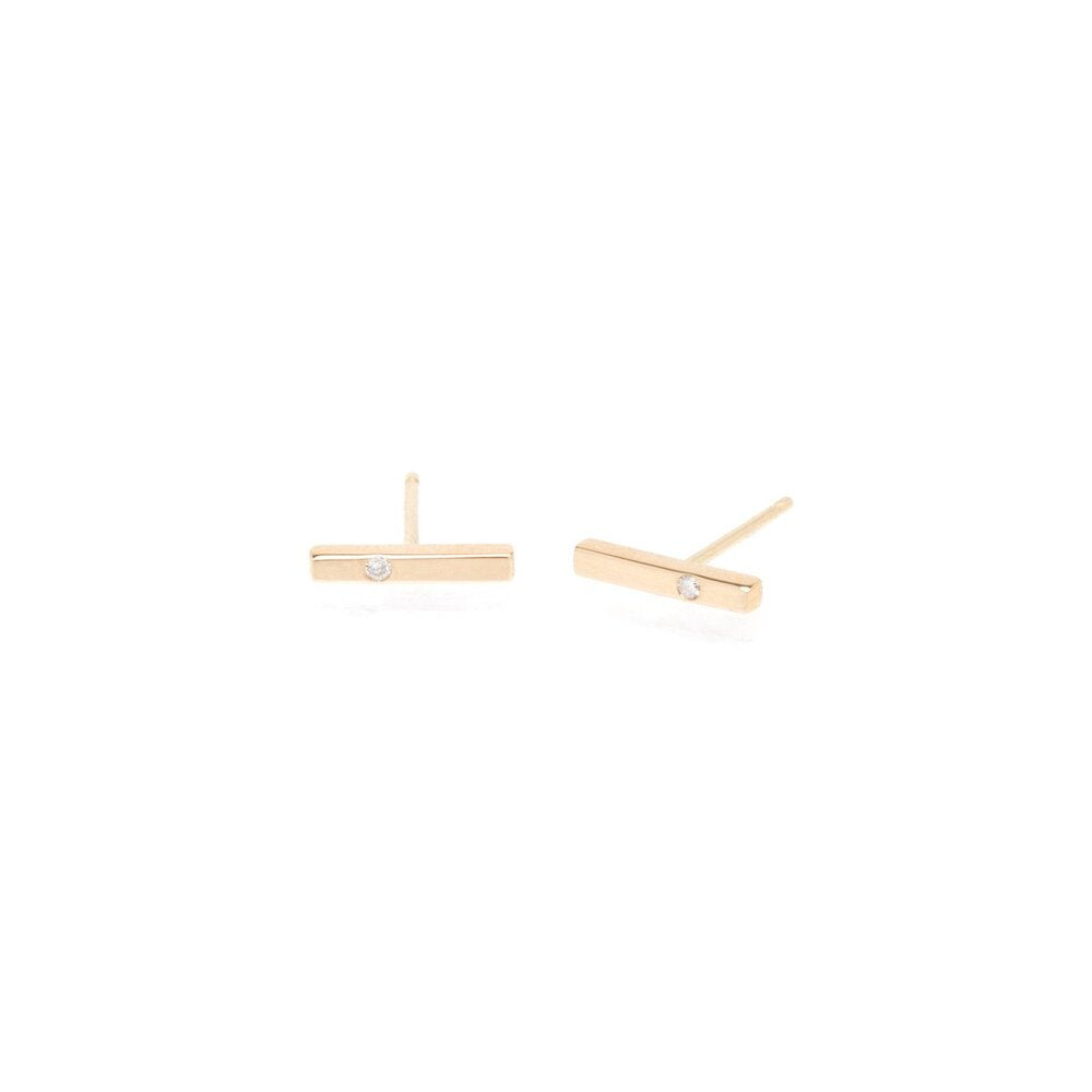 Zoe Chicco gold bar stud earrings with diamonds, angled front view