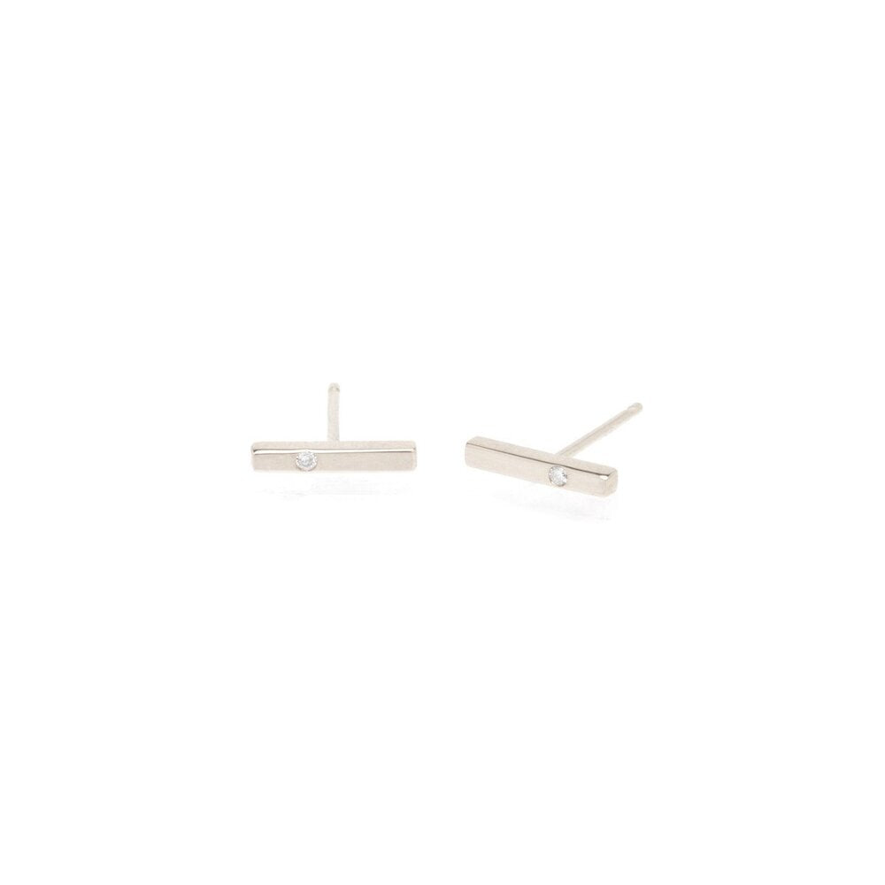 Zoe Chicco white gold bar stud earrings with diamond, angled front view