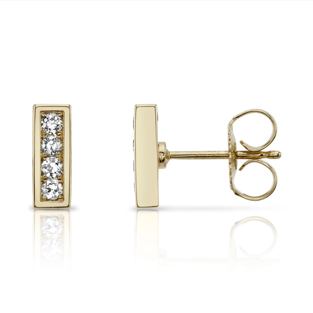 Single Stone rectangle gold stud earrings with diamonds, front and side view