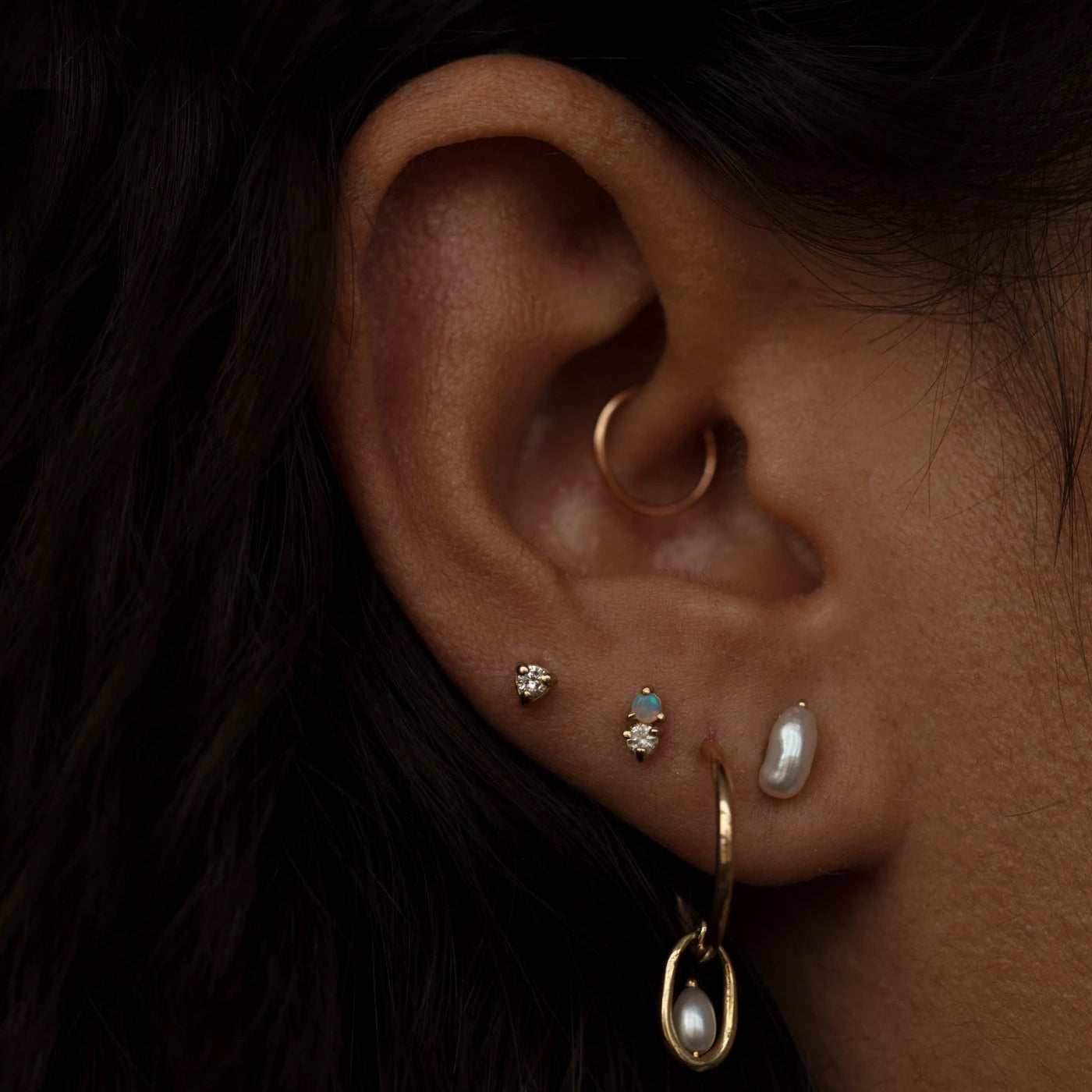 Two-Step Opal and Diamond Stud Earring (Single)