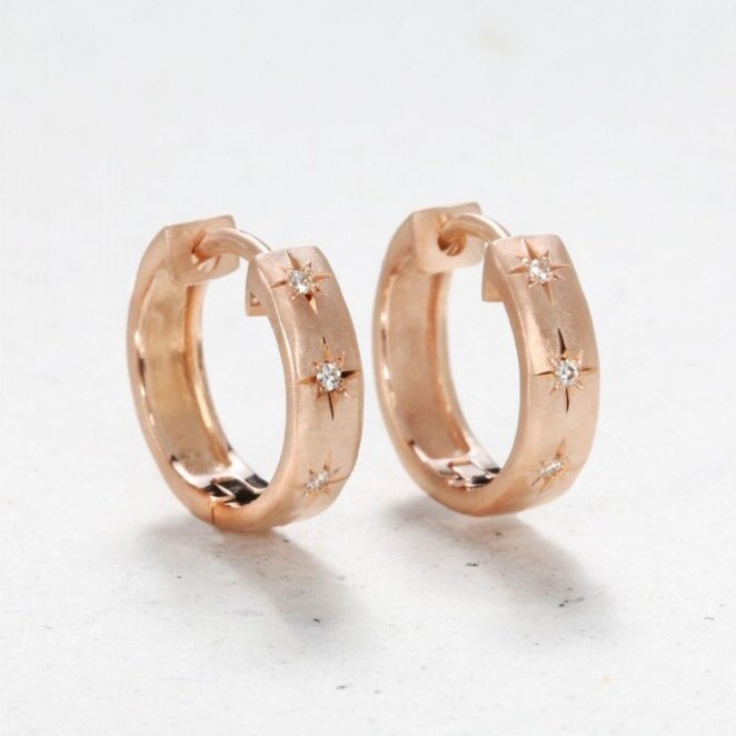 Sirciam rose gold hoop earrings with diamond, angled front view