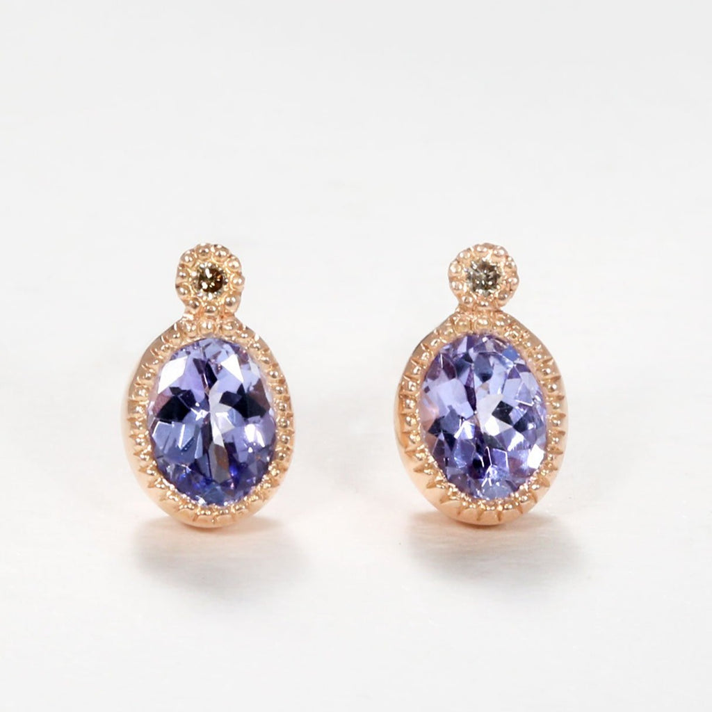Sirciam rose gold and tanzanite stud earrings, front view