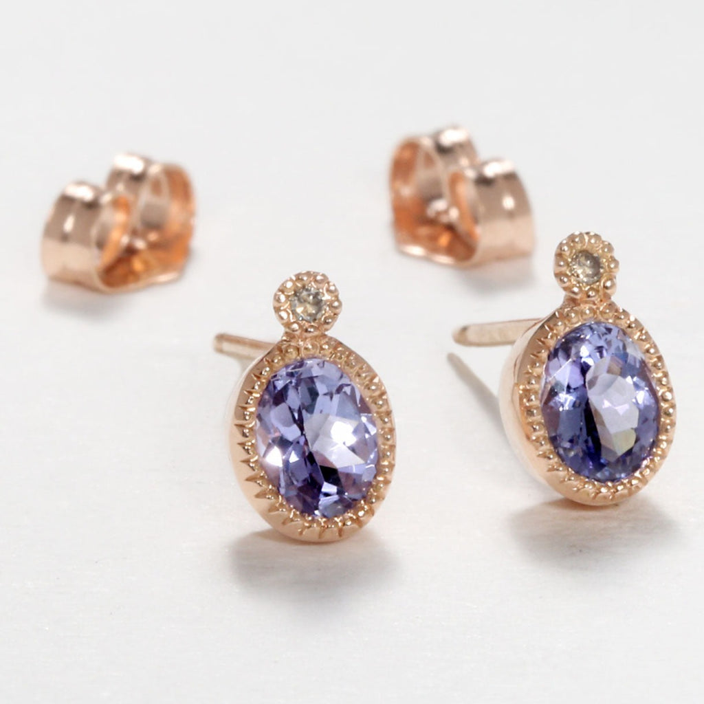 Sirciam rose gold and tanzanite stud earrings, front view