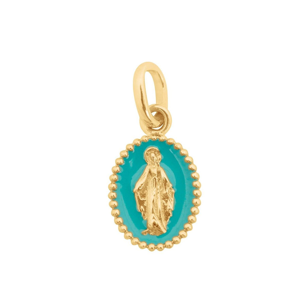 Gigi Clozeau turquoise and gold virgin mary charm. front view