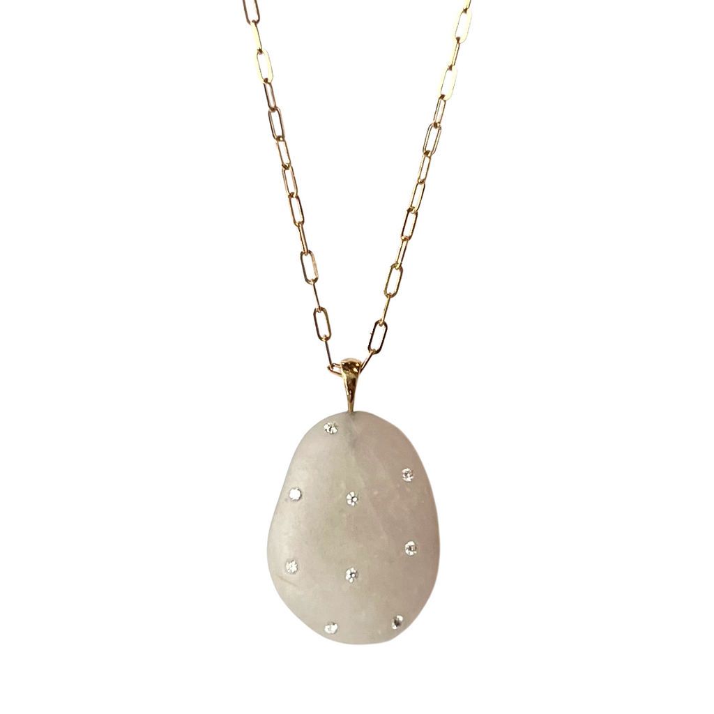 CVC Stones gold necklace with white rock and inset diamonds, front view