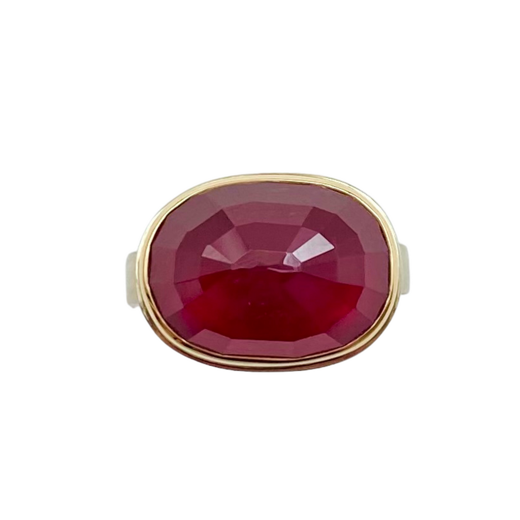 Jamie Joseph red ruby ring with gold and silver, front view