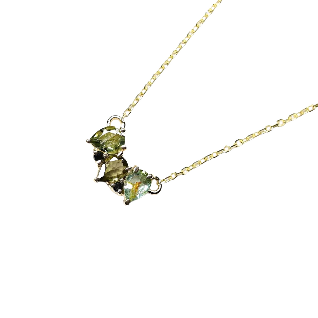 Miarante gold necklace with green tourmaline and black diamond, front view