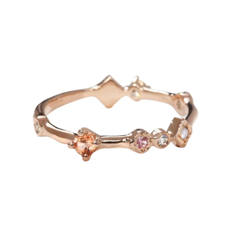 Sirciam rose gold band with diamonds, sapphires and opals, front view