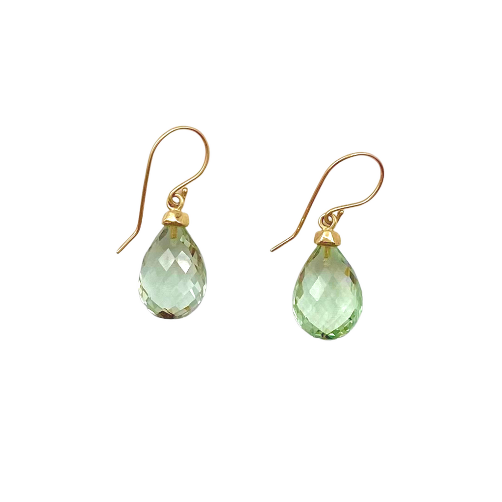 Jamie Joseph mint topaz drop earrings with gold, front view