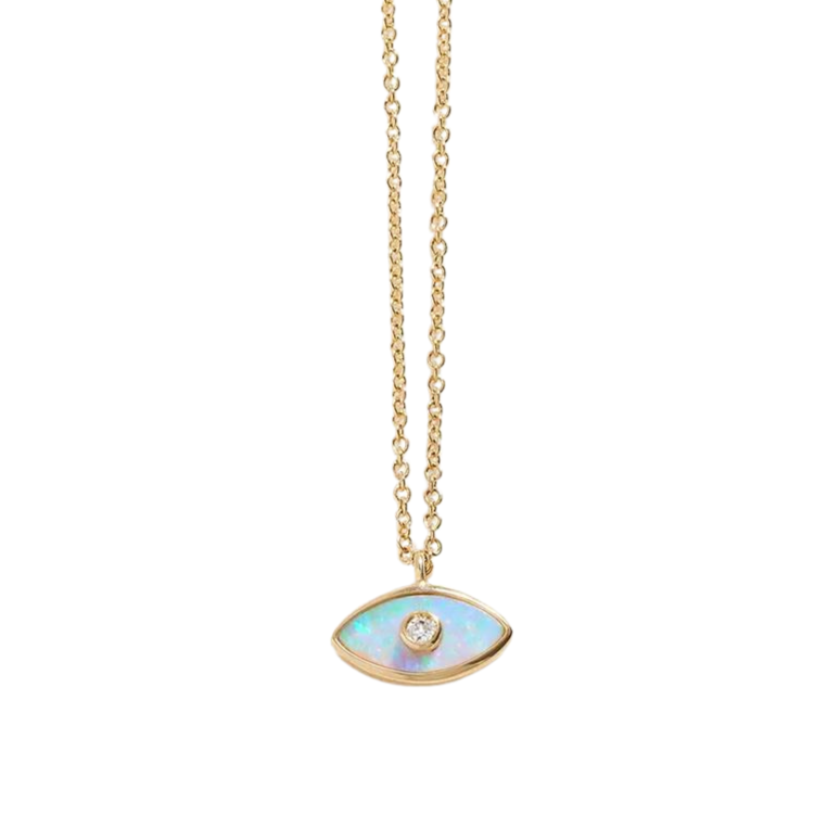 Pamela Love gold necklace with eye pendant, opal and diamond, front view