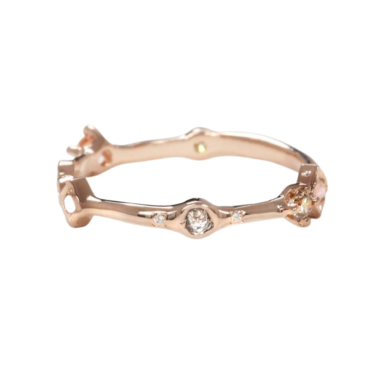 Sirciam rose gold band with diamonds, sapphires and opals, side view