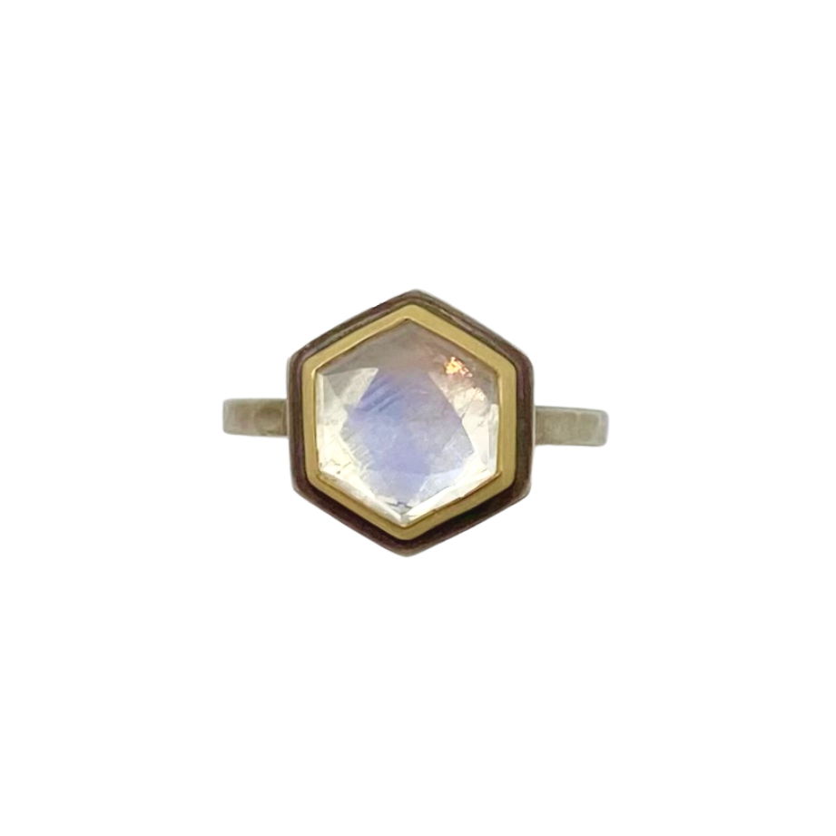 Ananda Khalsa silver ring with hexagon moonstone and gold, front view