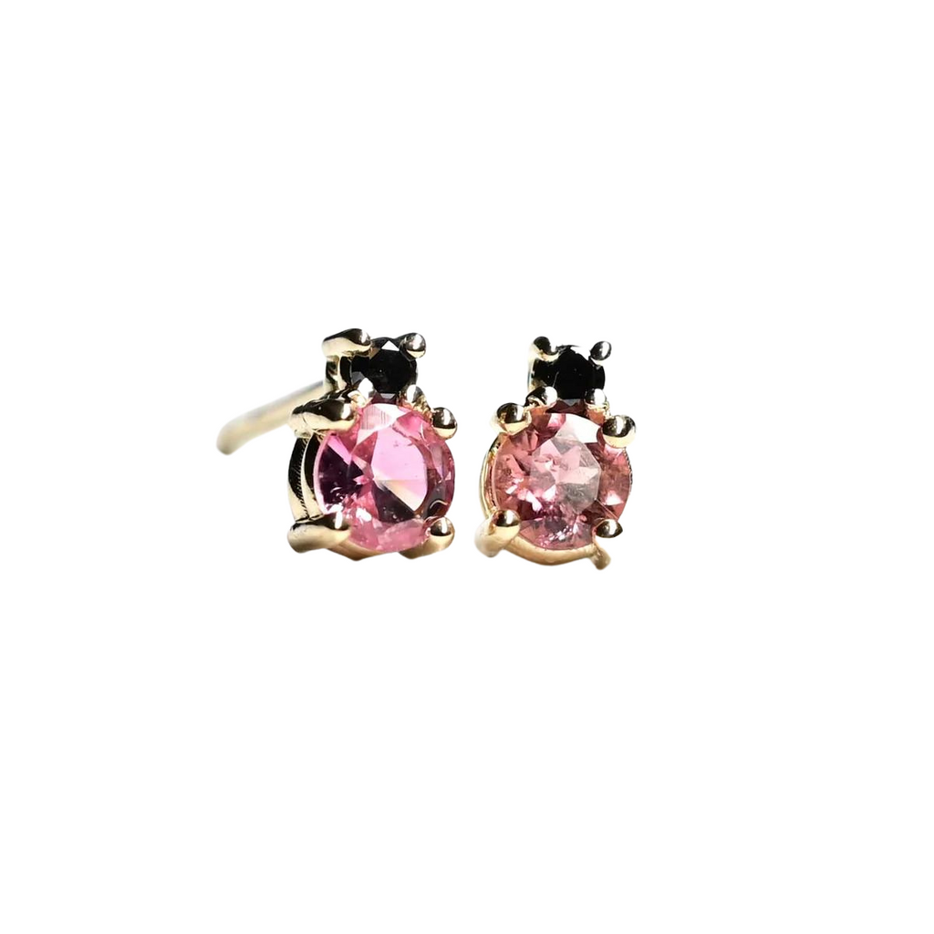 Miarante gold stud earrings with pink tourmaline and black diamond, front view