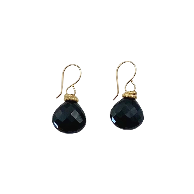 Jamie Joseph black onyx drop earrings with gold, front view