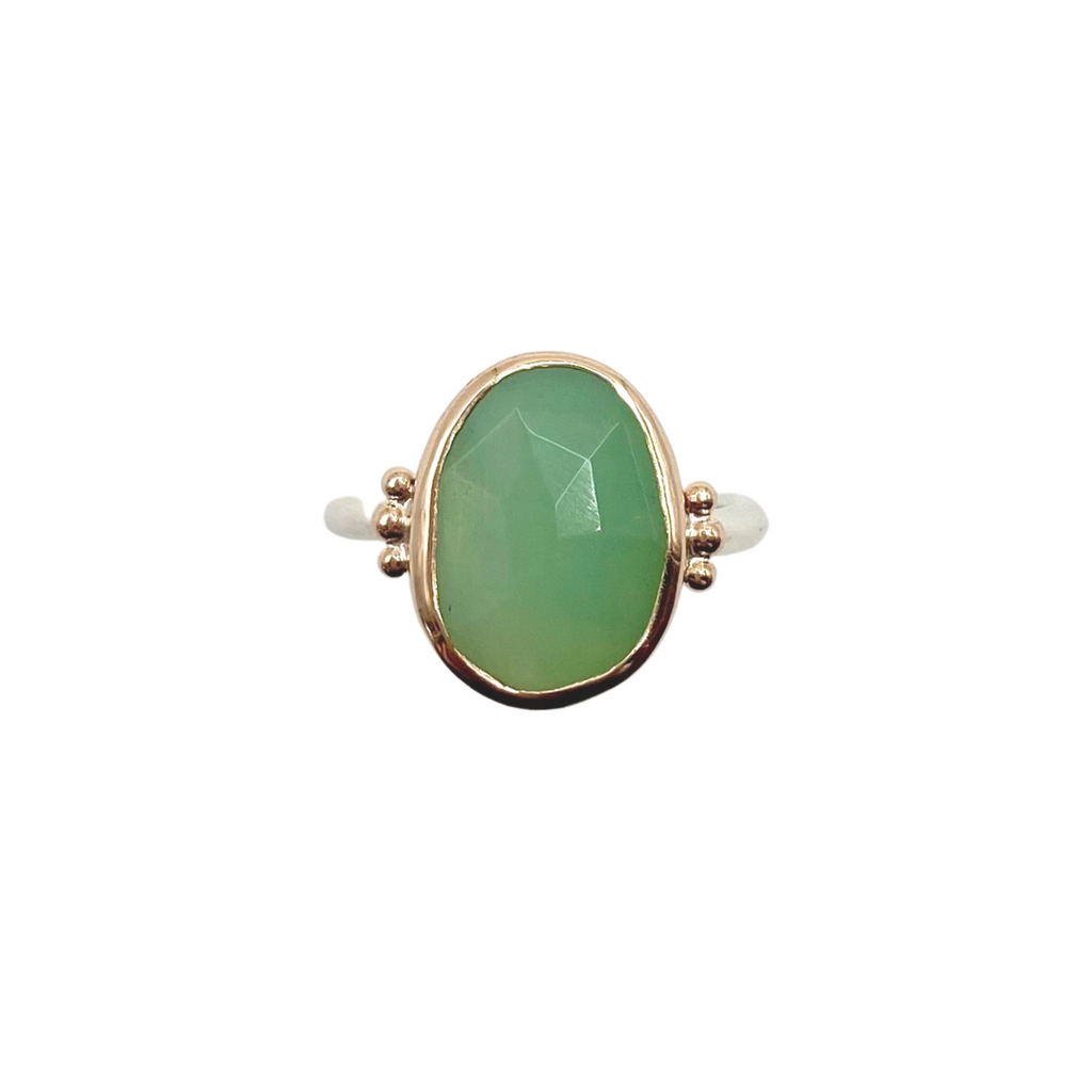 Emily Amey gold and silver ring with chrysoprase, front view