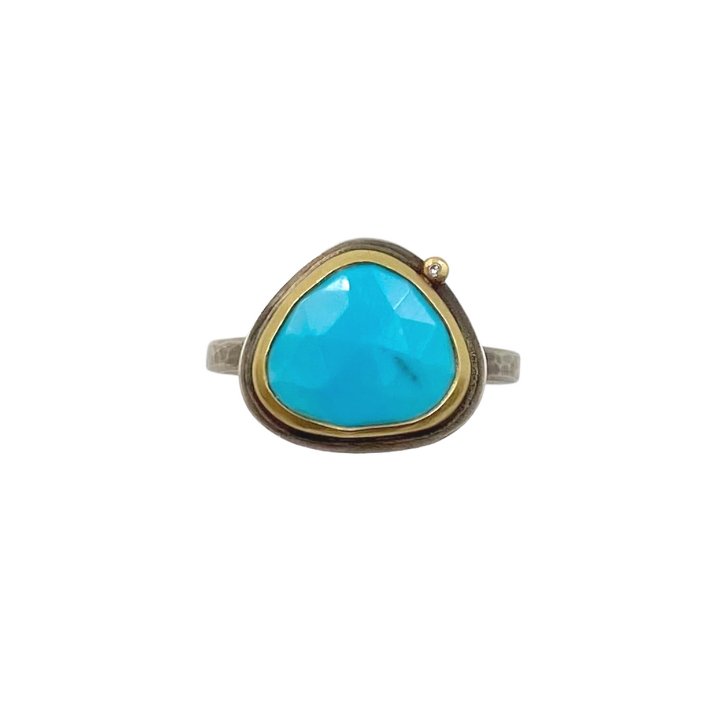 Ananda Khalsa silver ring with turquoise, gold, and diamond, front view