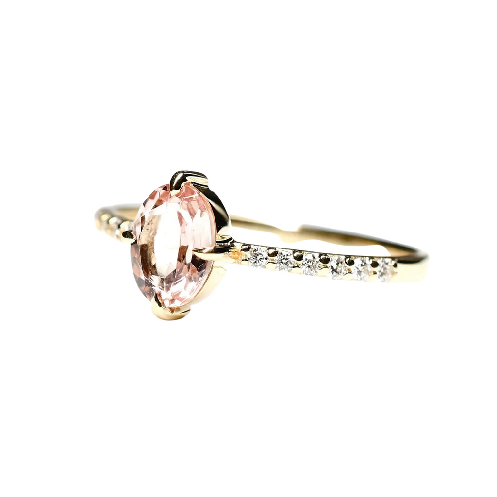 Miarante gold ring with pink tourmaline and diamonds, angled front view