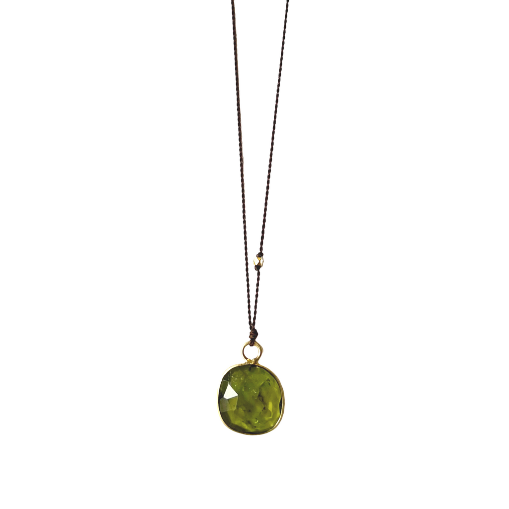 Margaret Solow nylon cord necklace with green tourmaline, front view