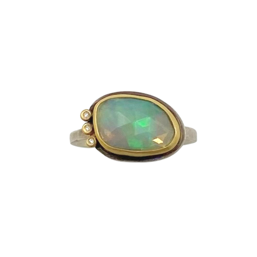 Ananda Khalsa silver ring with opal, gold, and 3 diamonds, front view