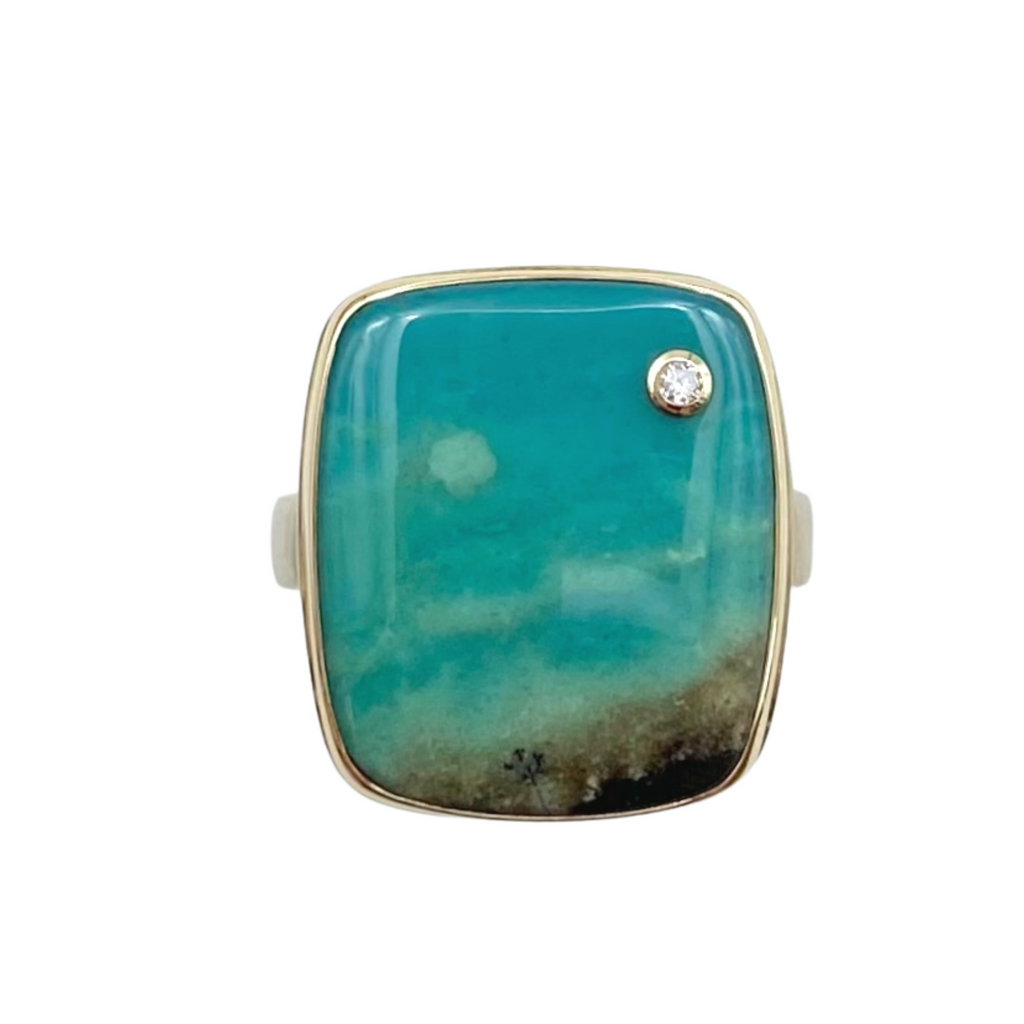 Jamie Joseph blue opalized wood ring with gold, silver, and diamond, front view