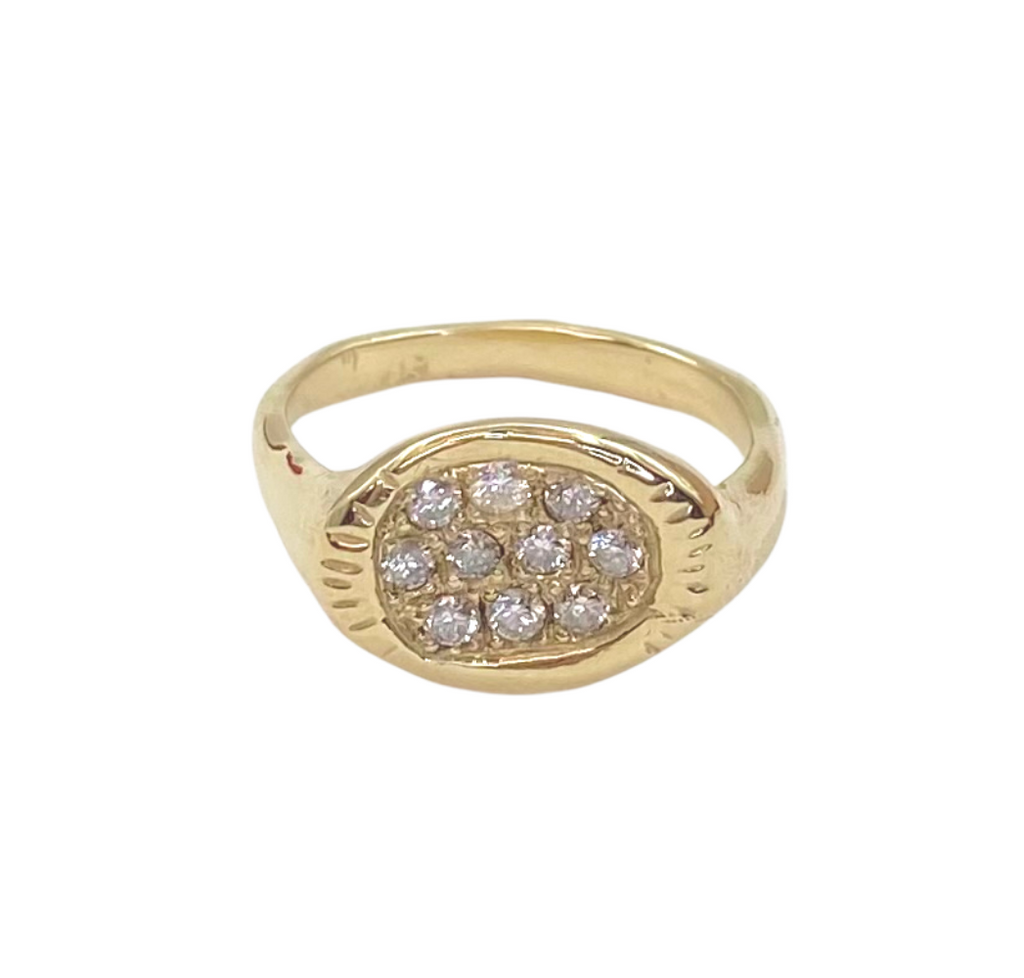 Communion by Joy gold signet ring with diamonds, front view